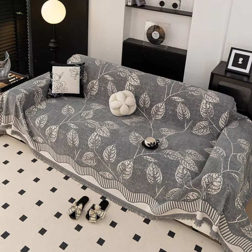 Classic Chenille Leaf Sofa Cover Stone Whisper
