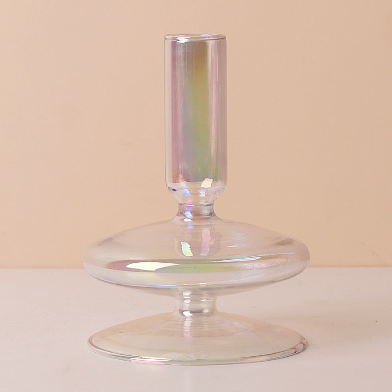 Clear Rainbow Iridescent Blown Glass Candle Holder