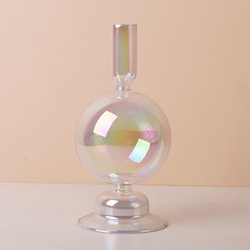 Clear Rainbow Iridescent Blown Glass Candle Holder Globe