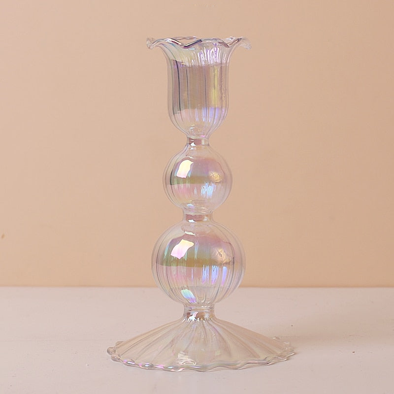 Clear Rainbow Iridescent Blown Glass Candle Holder Tulip