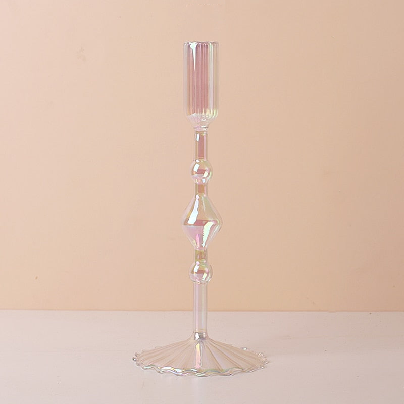 Clear Rainbow Iridescent Blown Glass Candle Holder Diamond