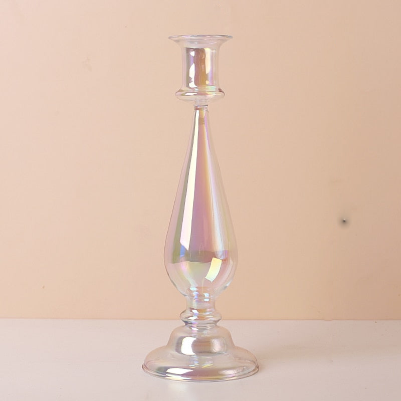 Clear Rainbow Iridescent Blown Glass Candle Holder Classic