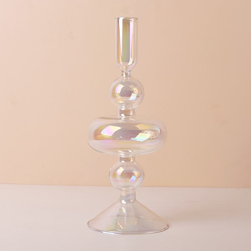 Clear Rainbow Iridescent Blown Glass Candle Holder Onda