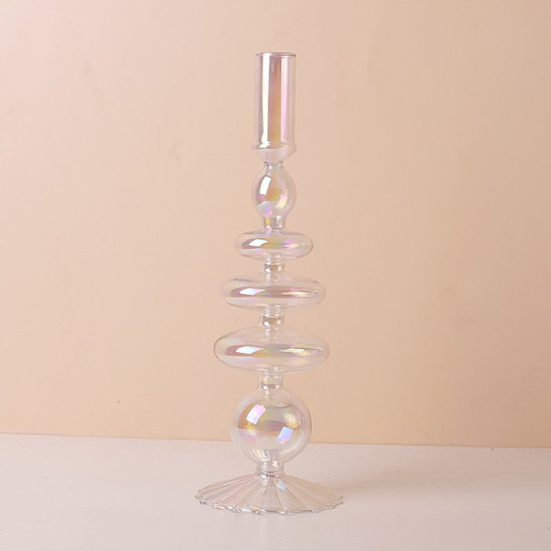 Clear Rainbow Iridescent Blown Glass Candle Holder Wide Onda