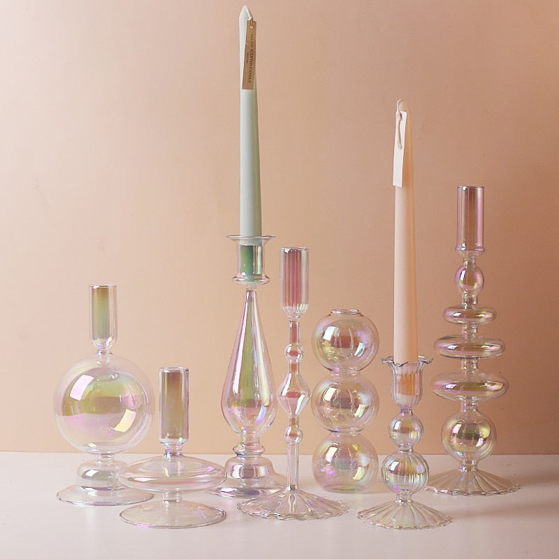 Clear Rainbow Iridescent Blown Glass Candle Holder