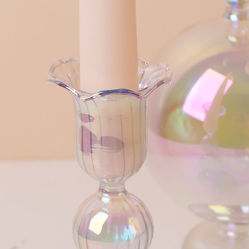 Clear Rainbow Iridescent Blown Glass Candle Holder