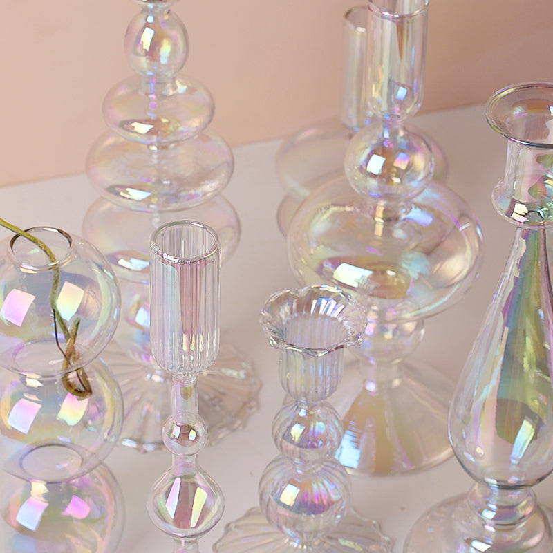 Clear Rainbow Iridescent Blown Glass Candle Holder