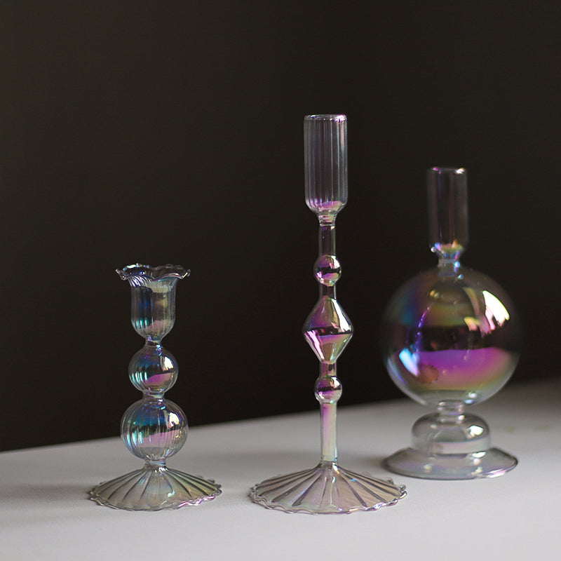 Clear Rainbow Iridescent Blown Glass Candle Holder