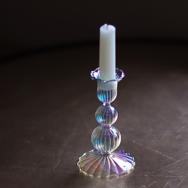 Clear Rainbow Iridescent Blown Glass Candle Holder