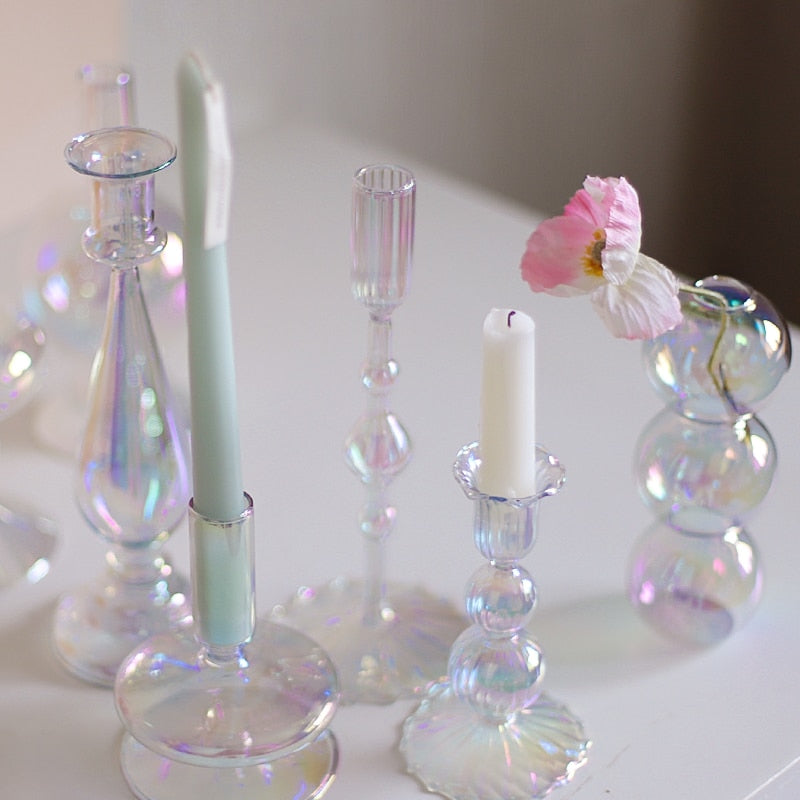 Clear Rainbow Iridescent Blown Glass Candle Holder