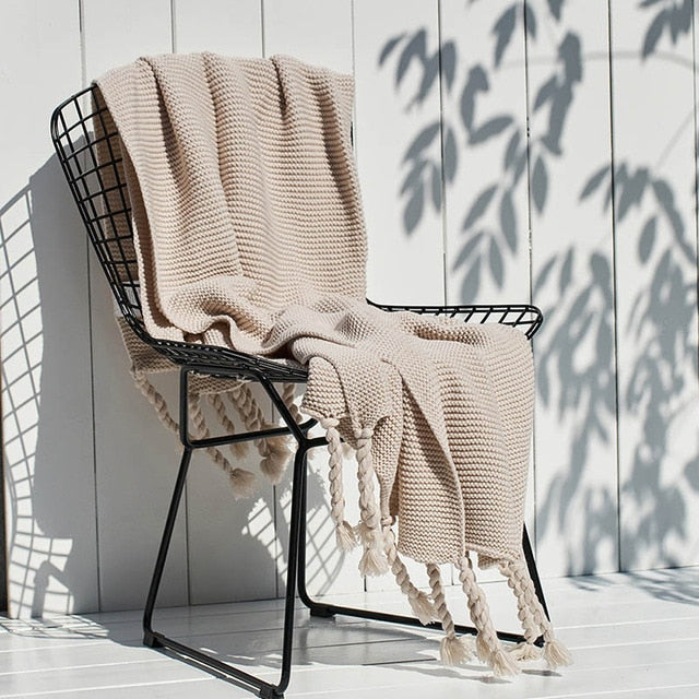 Cleo Crochet Blanket with Tassels Beige