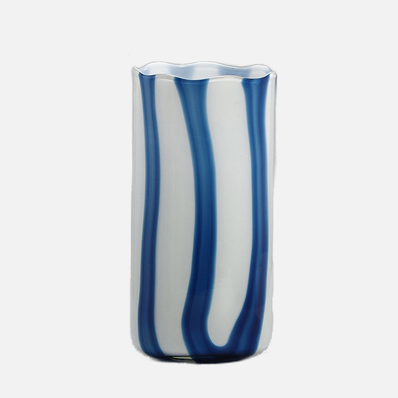 Color Stripes Glass Floral Vase Large Blue White