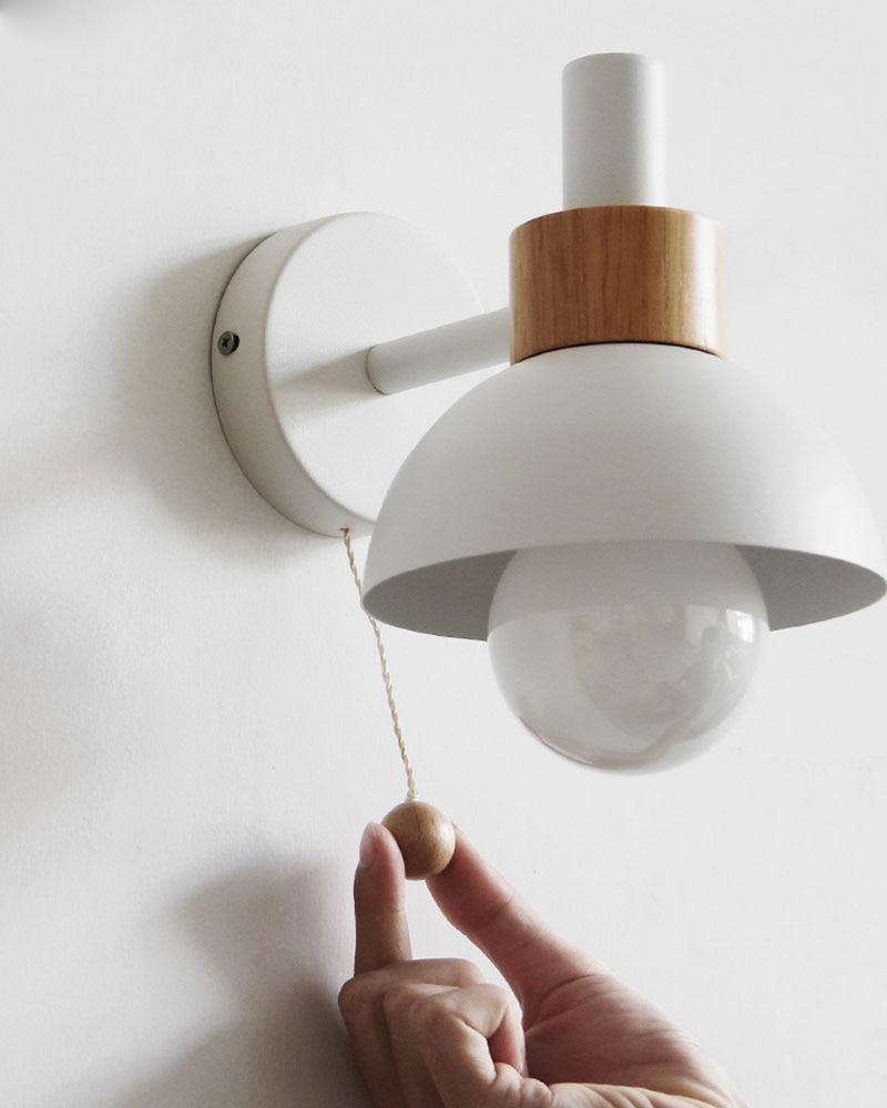 Colored Wood & Metal Globe Wall Sconce with Pull Cord White