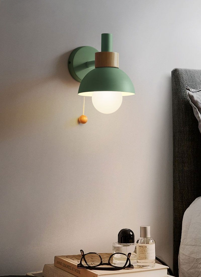 Colored Wood & Metal Globe Wall Sconce with Pull Cord Green