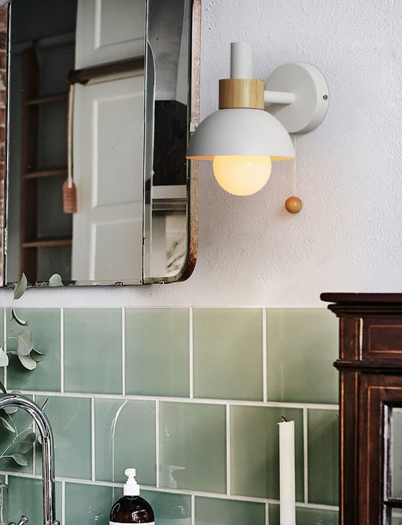 Colored Wood & Metal Globe Wall Sconce with Pull Cord - Final Sale