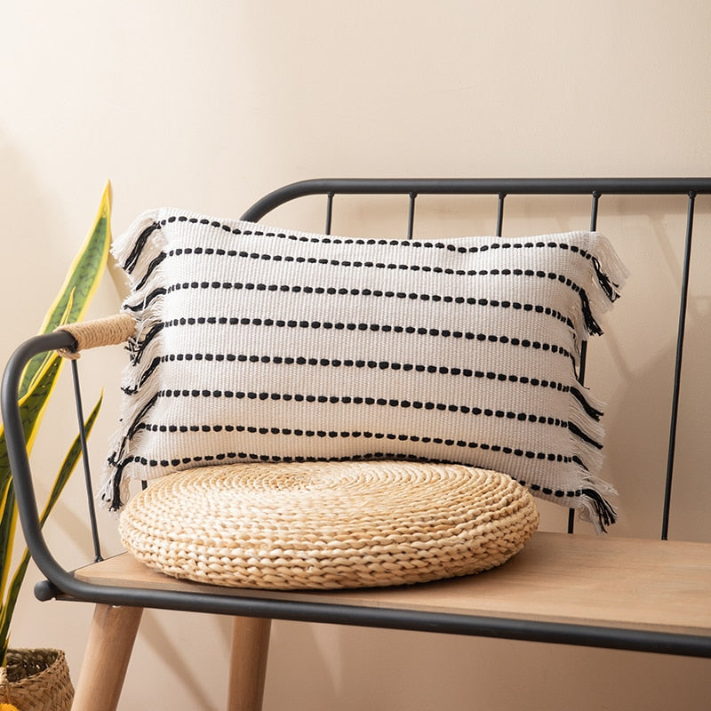 Contrast Stitch Cotton Pillow Cover Ivory Lumbar 12x20"