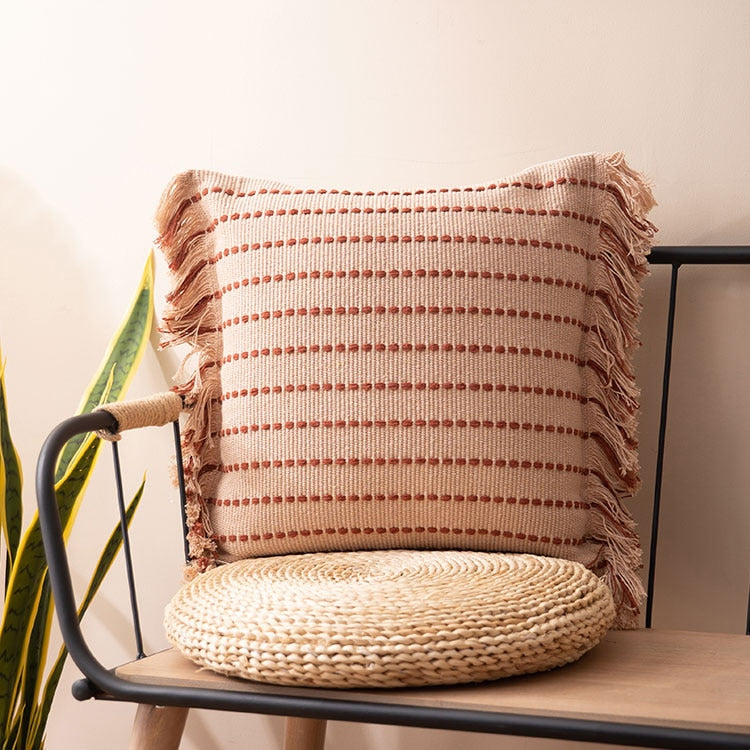 Contrast Stitch Cotton Pillow Cover Salmon