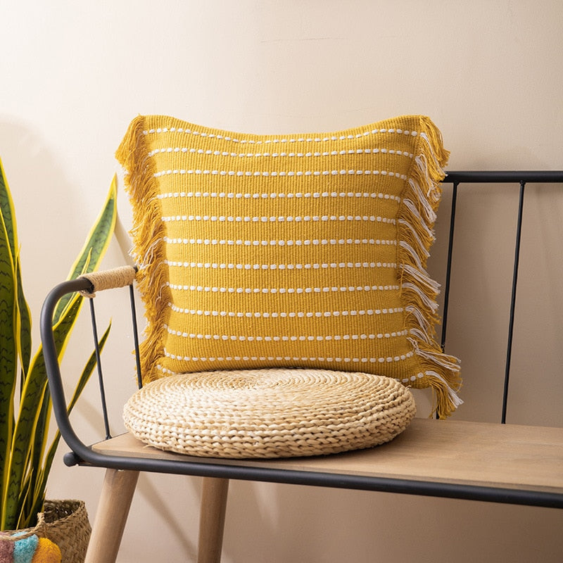 Contrast Stitch Cotton Pillow Cover Yellow
