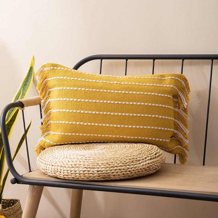 Contrast Stitch Cotton Pillow Cover Yellow Lumbar 12x20"