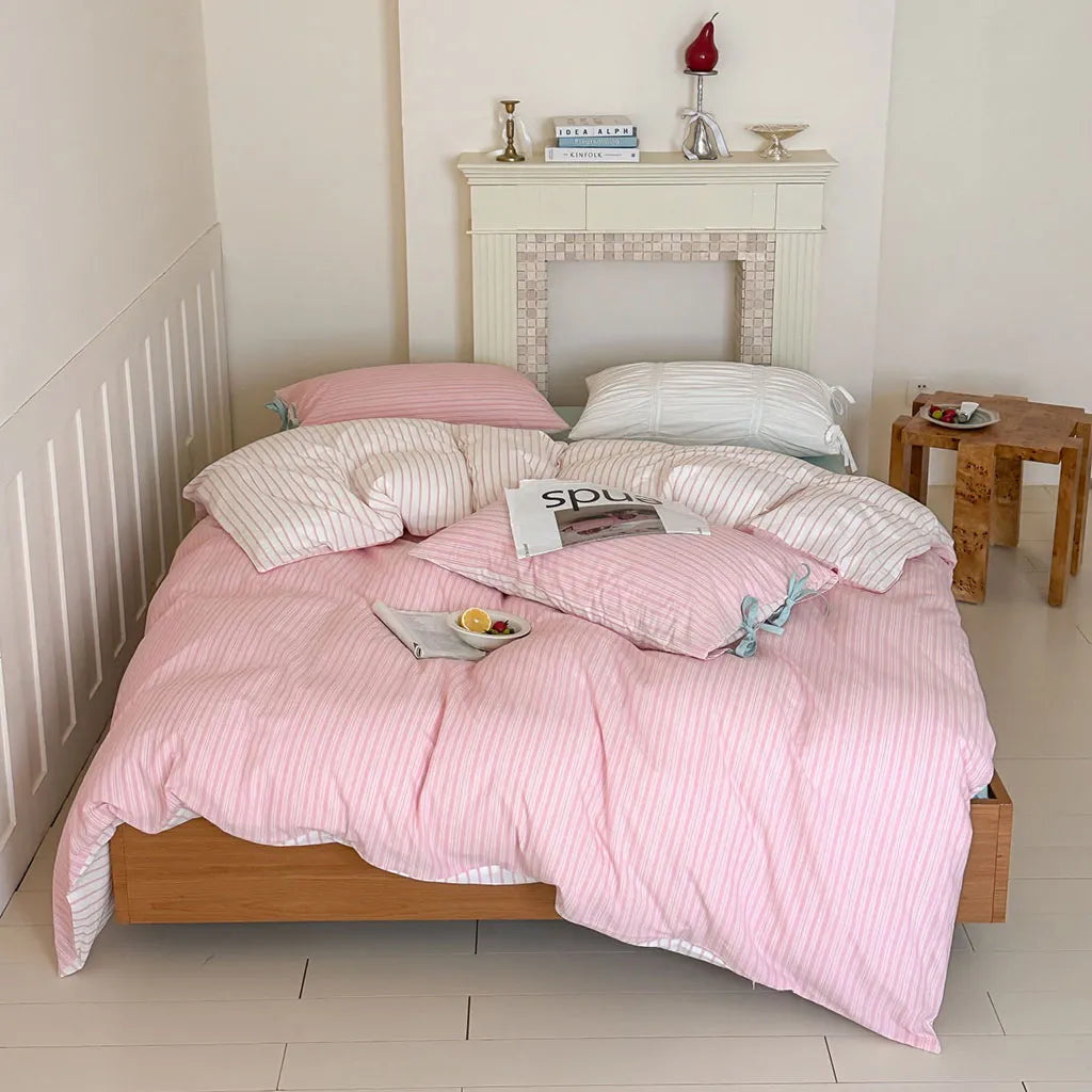 Contrast Stripe Bedding Set Soft Pink