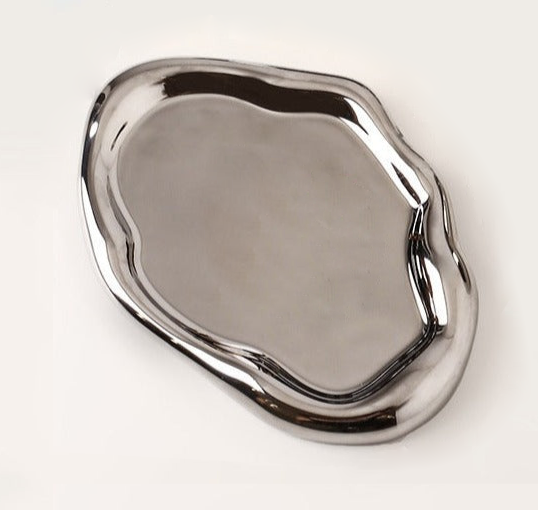 Cookies & Chrome Plated Ceramic Tray & Dish Irregular Large Chrome