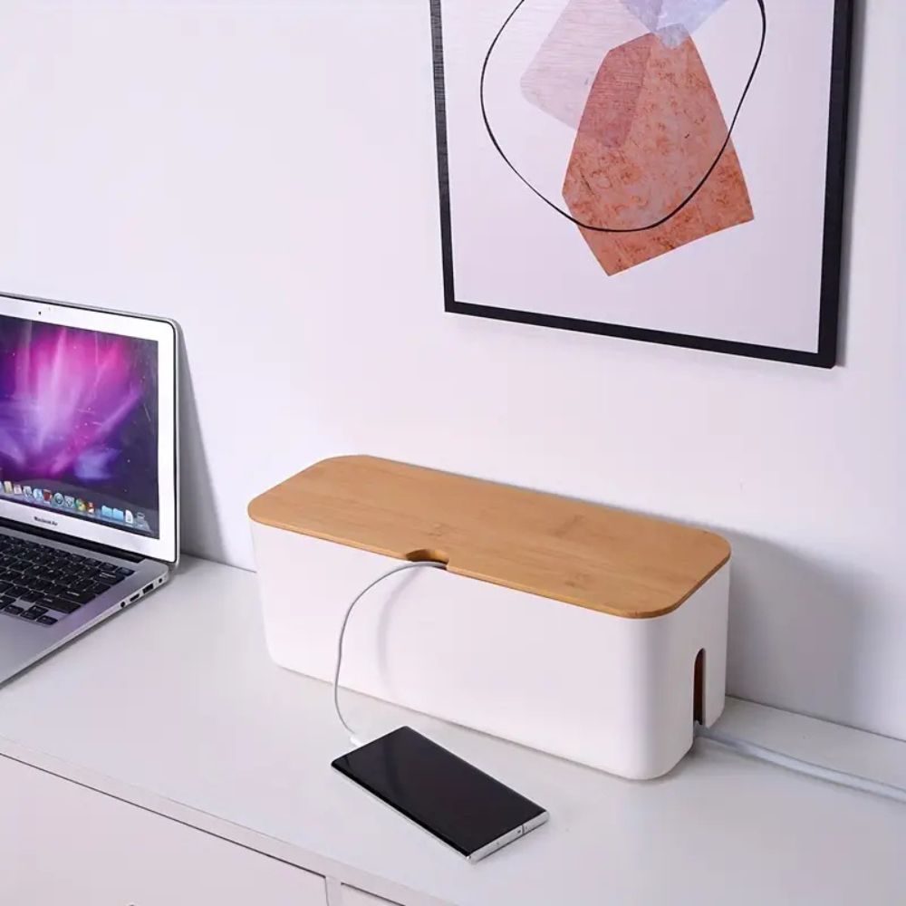 Cord Tidy Bamboo Cable Organizer Box Ivory Blend