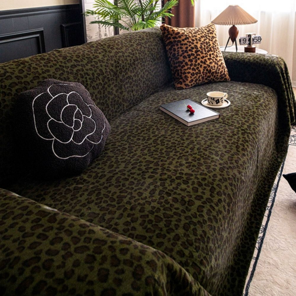 Cozy Leopard Print Sofa Cover Forest Green