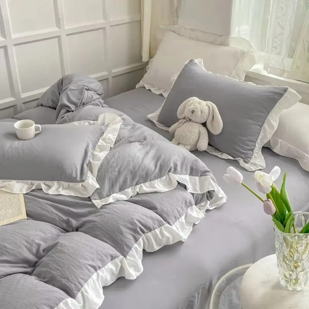 Cottagecore Ruffle Cotton | 4pcs Bedding Set Cloud Gray