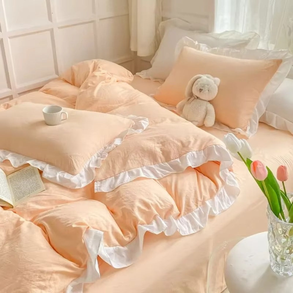 Cottagecore Ruffle Cotton | 4pcs Bedding Set Peach Serenity