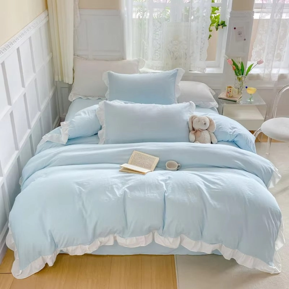 Cottagecore Ruffle Cotton | 4pcs Bedding Set Celestial Blue