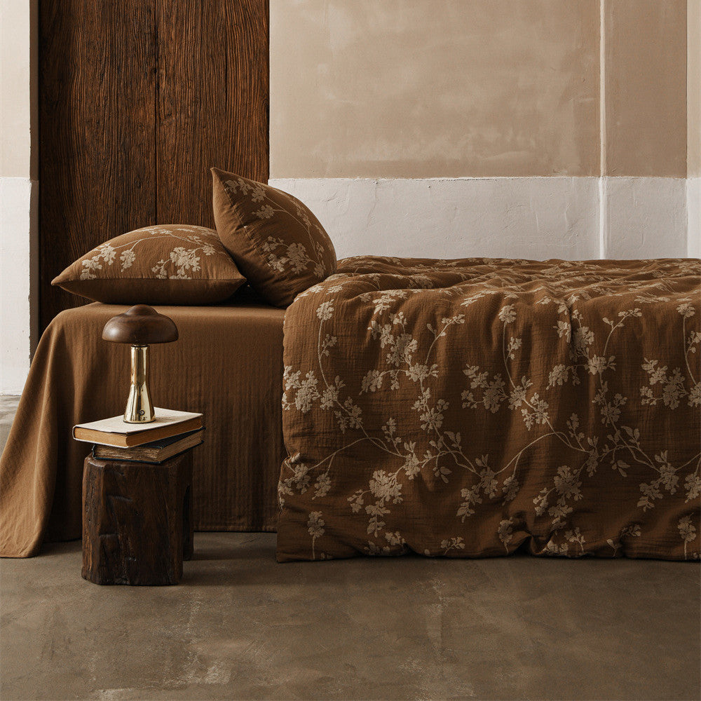 Cotton Gauze 4-Piece Bedding Set — Brown Floral Duvet Cover