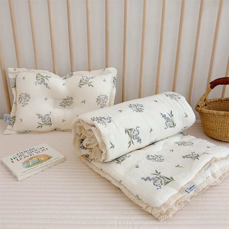 Botanical Vine Toddler Comforter – Cotton Muslin with Lace Trim