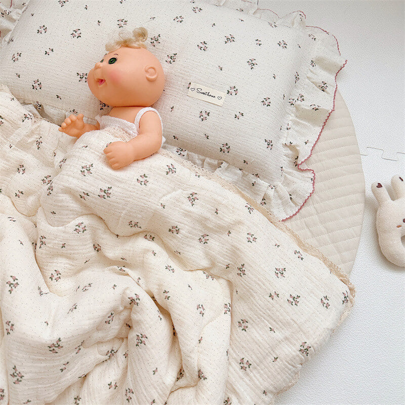 Primrose Floral Baby Quilt – Cotton Muslin with Lace Trim