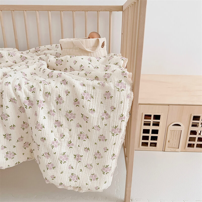 Lavender Floral Kids Comforter – Cotton Muslin with Lace Trim