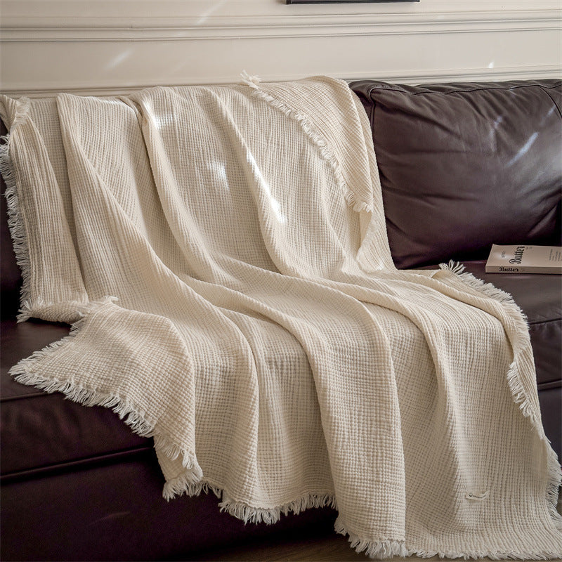 6-Layer Cotton Muslin Throw Blanket with Fringe Ivory