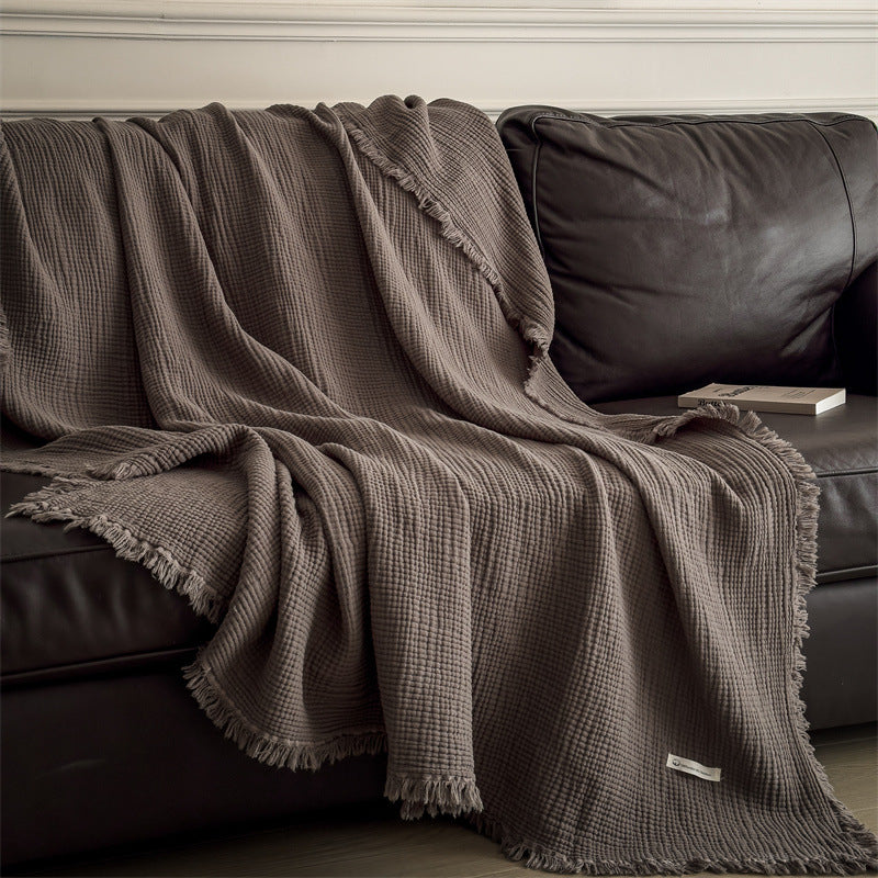 6-Layer Cotton Muslin Throw Blanket with Fringe Coffee