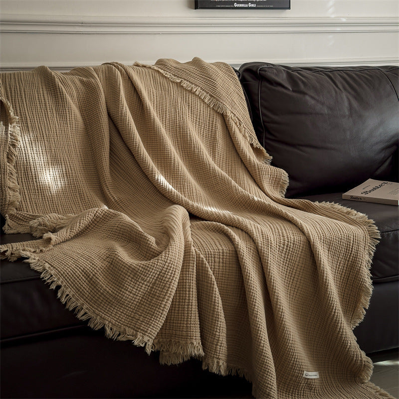 6-Layer Cotton Muslin Throw Blanket with Fringe Khaki