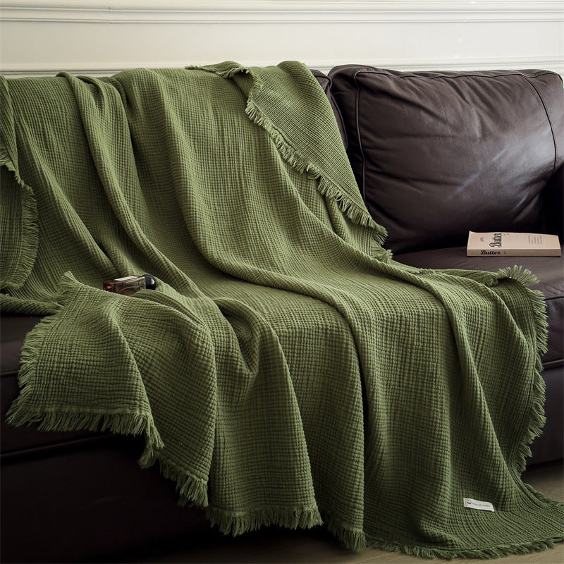 6-Layer Cotton Muslin Throw Blanket with Fringe Olive Green