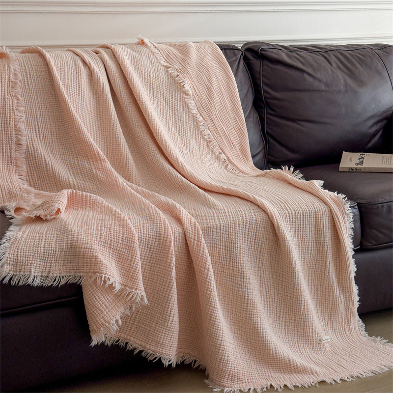 6-Layer Cotton Muslin Throw Blanket with Fringe Pink
