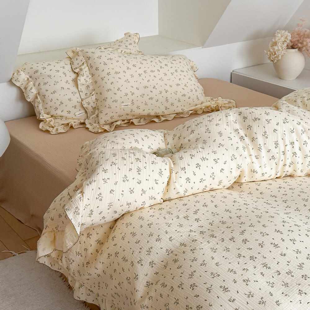 Cotton Muslin Duvet Cover – Olive Green Floral Ruffle (Twin/Queen)