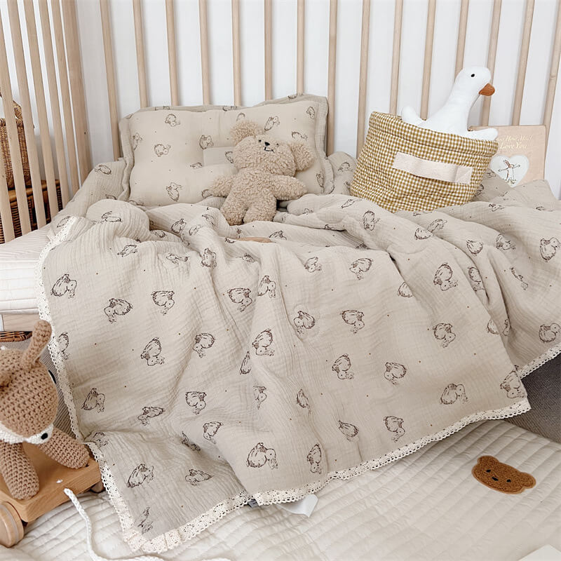 Bunny Toddler Bed Quilt – Cotton Gauze with Lace Trim
