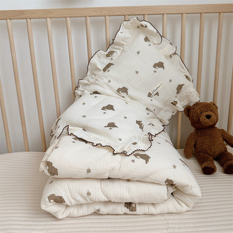 Little Girls' Animal Quilt – Cotton Gauze with Ruffle Pillowcase
