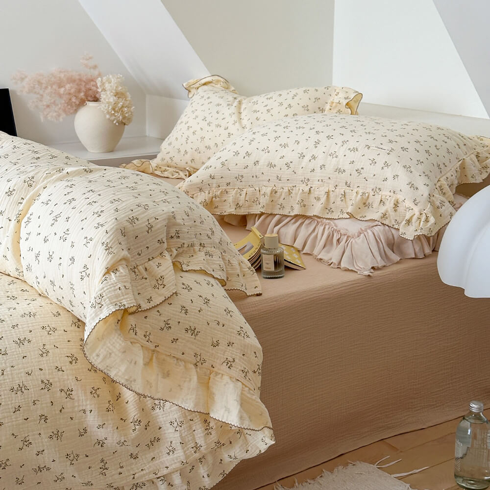 Cotton Muslin Duvet Cover – Olive Green Floral Ruffle (Twin/Queen)
