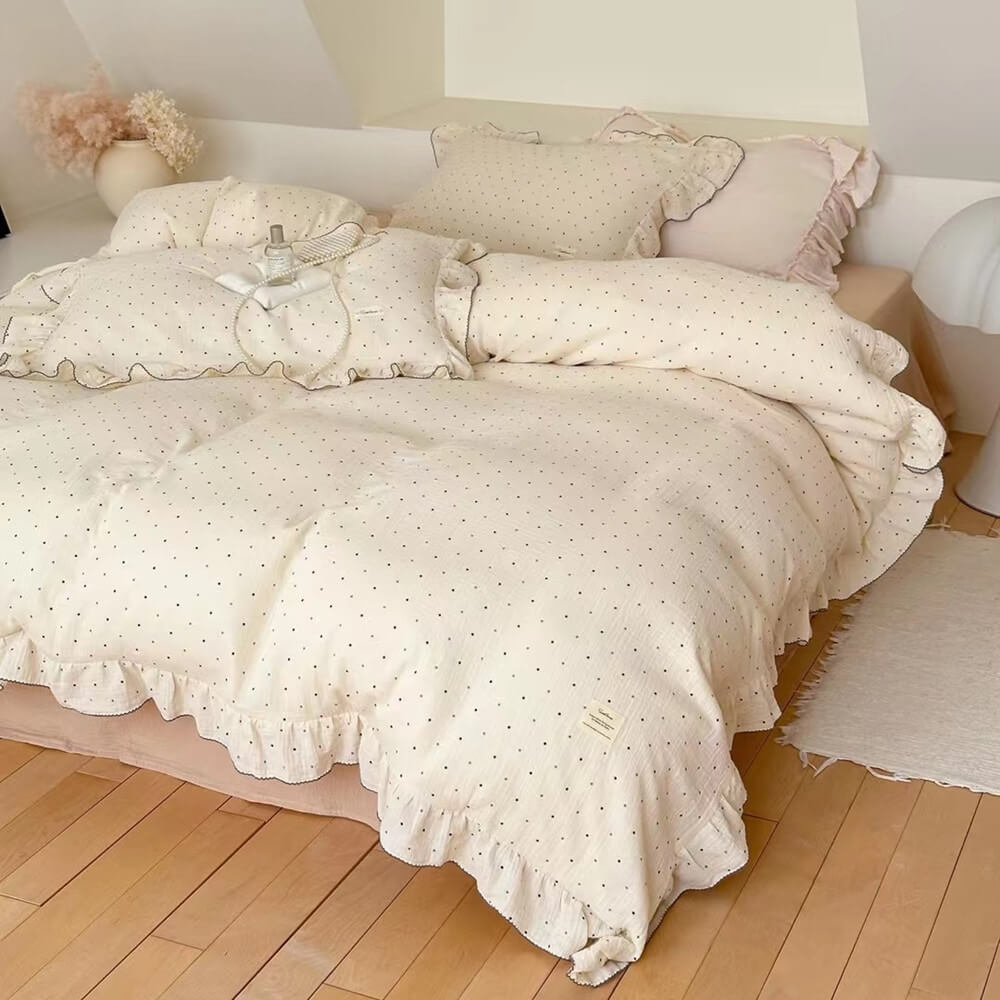 Cotton Gauze Bedding Set – Polka Dot with Soft Ruffles