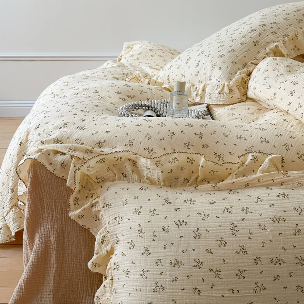 Cotton Muslin Duvet Cover – Olive Green Floral Ruffle (Twin/Queen)