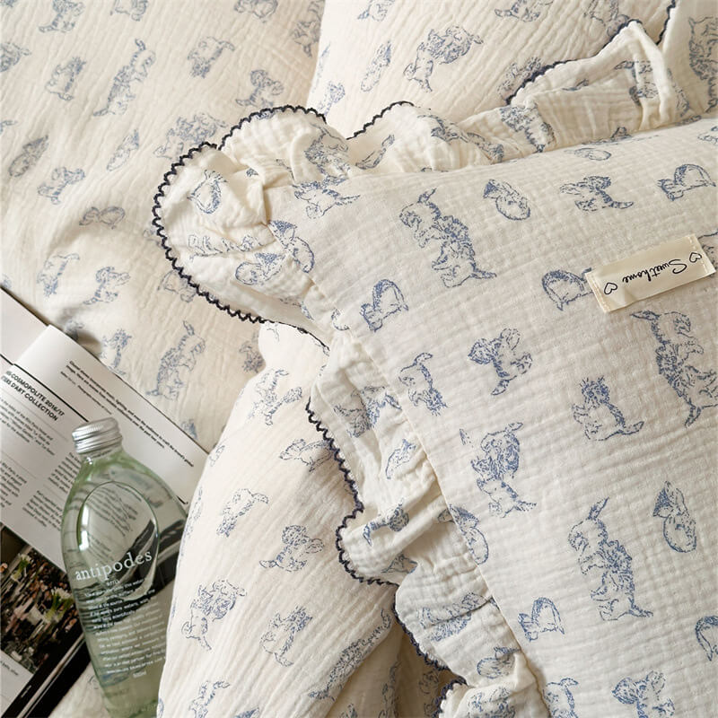 Blue Cat Print Duvet Cover – Cotton Gauze with Ruffles