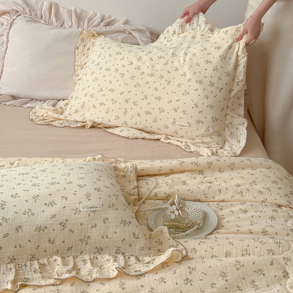 Olive Green Floral Muslin Quilt – Ruffle Edge Cotton Bedding