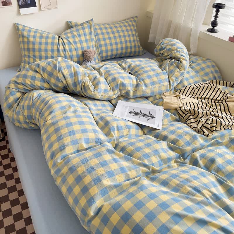 Dorm Bedding Set - Checkered Cotton Duvet Cover Green & Yellow