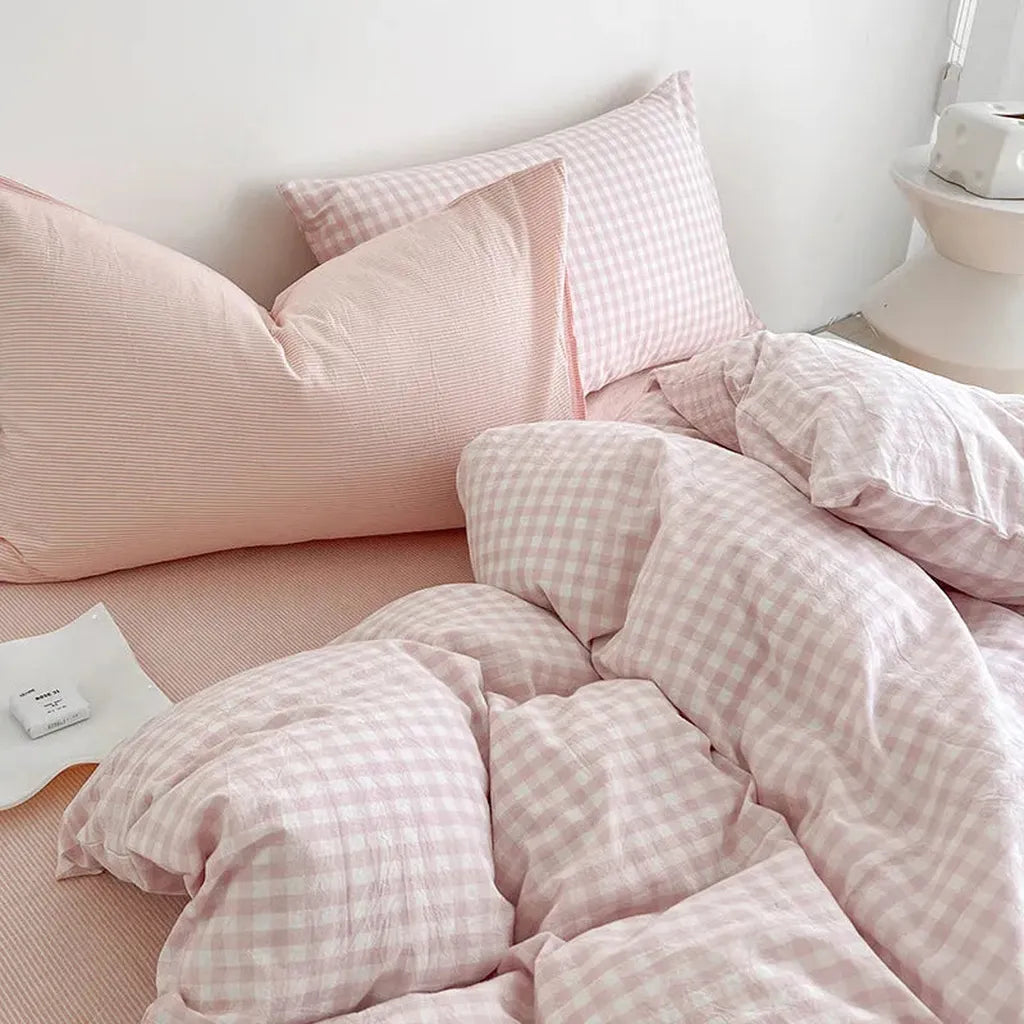 Cotton Small Gingham Bedding Set - Navy Pink