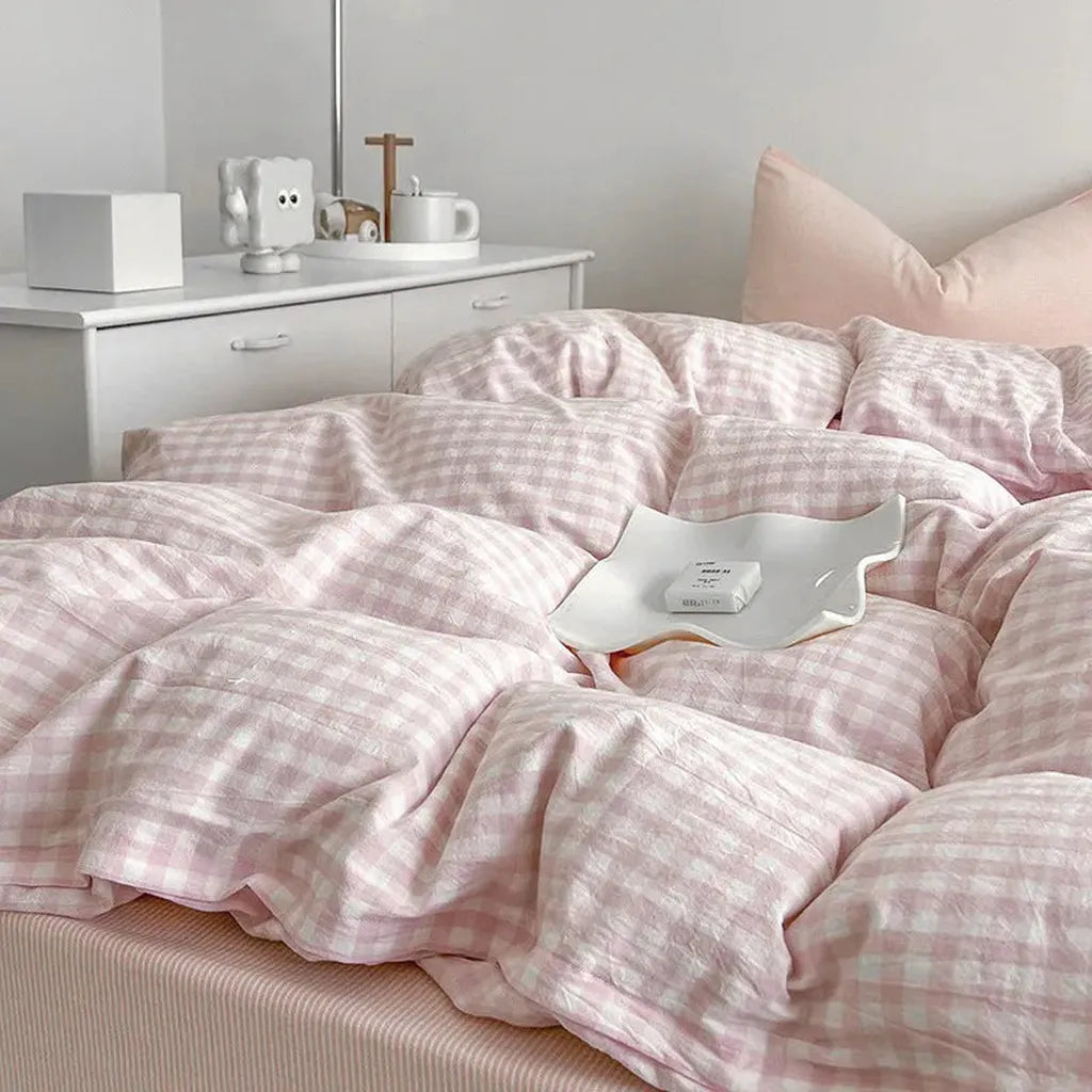 Cotton Small Gingham Bedding Set - Navy